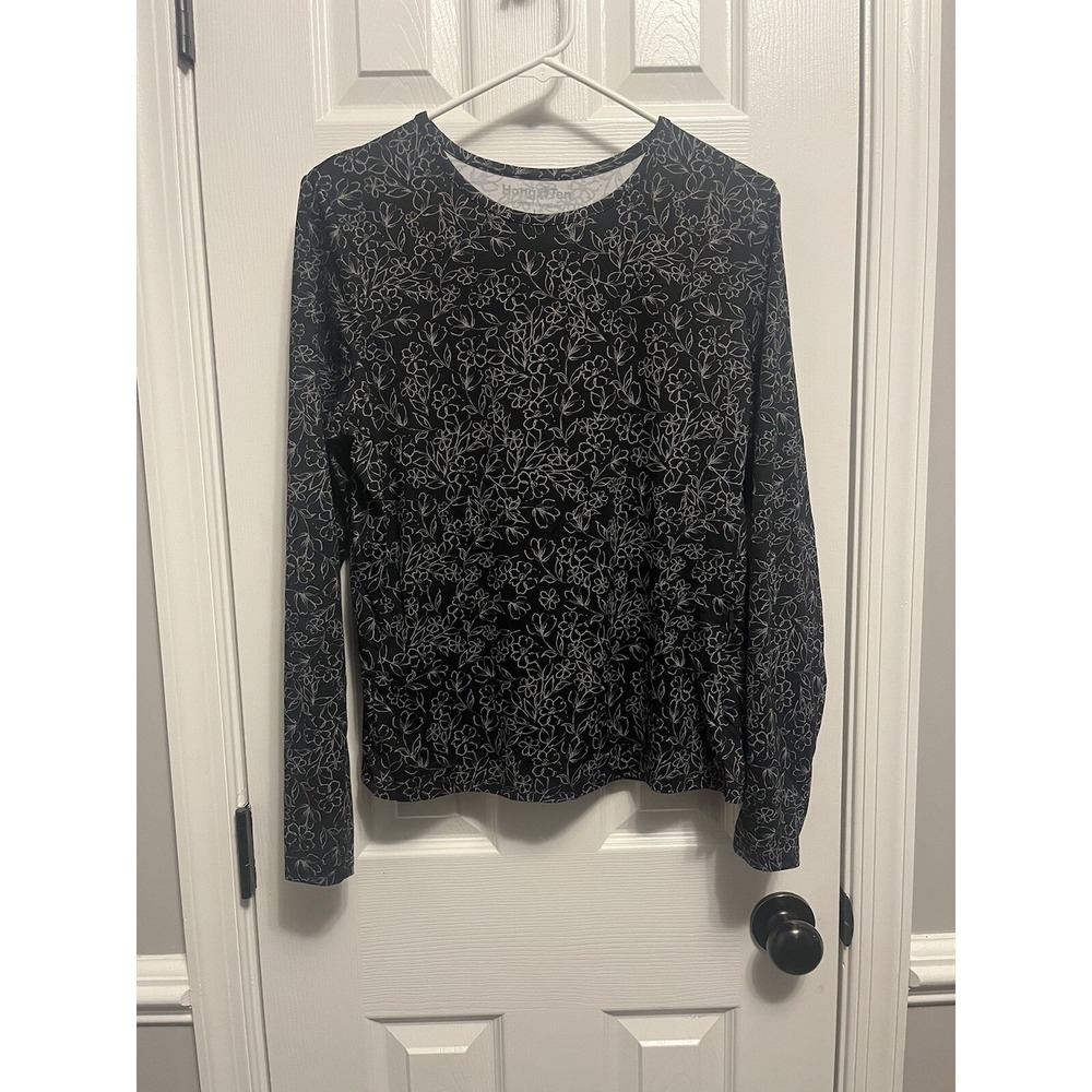 Women's Hang Ten Rash Guard  Black Floral Swim Top Style Swim Shirt Large